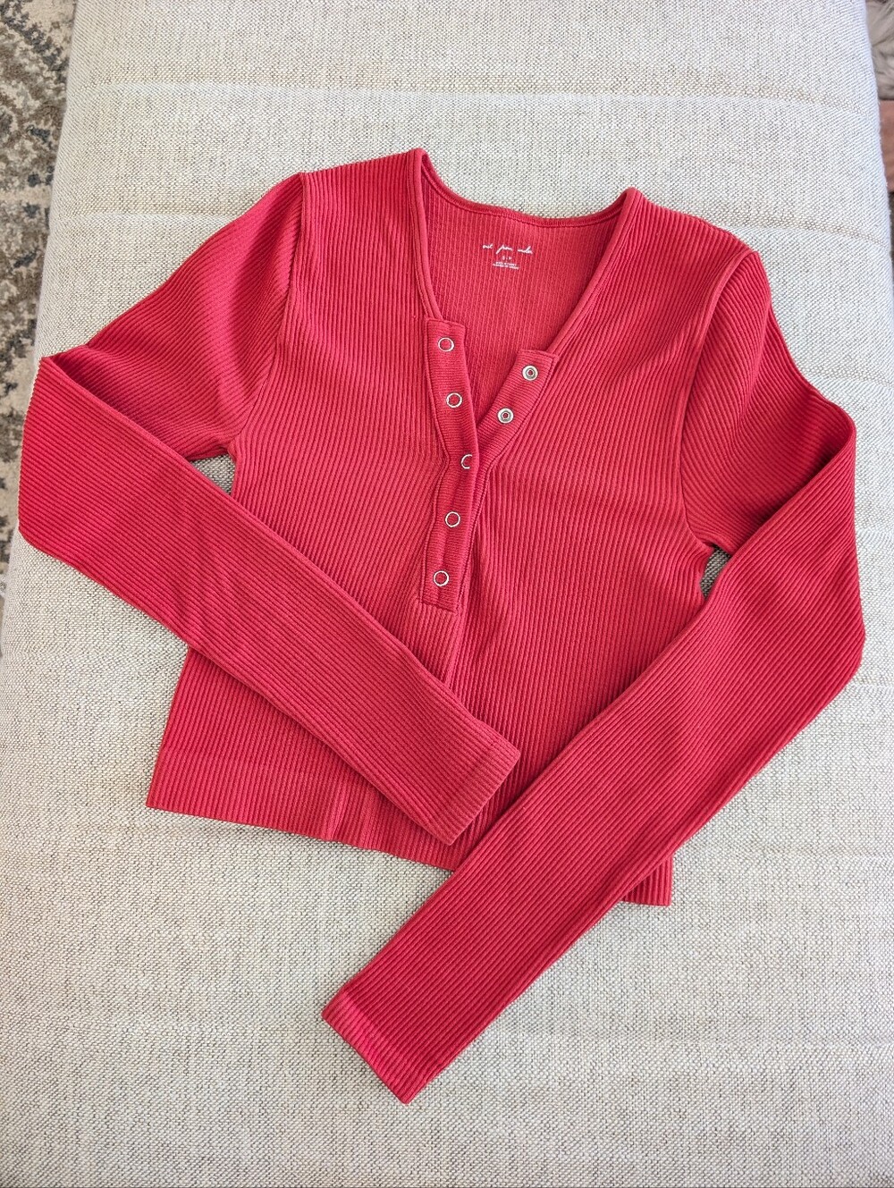 UO Out From Under Red Ribbed Long Sleeve Snap Front Henley Top | Size S
